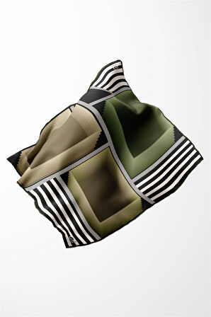 Twill Geometrik Desenli Haki Renkli 90x90 Eşarp (İpek İçermez) Kenar Dikiş Şekli El Dikişli