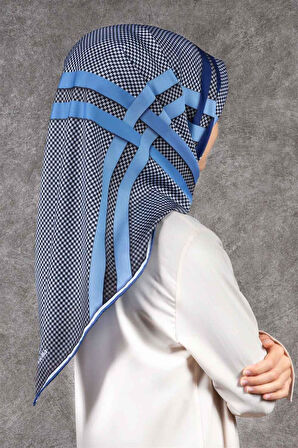 Twill Çizgili Pötikareli Çizgili Desenli İndigo Mavisi - Bebe Mavisi Renkli 90x90 Eşarp (İpek İçermez)