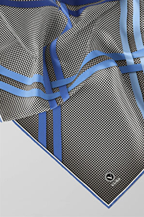 Twill Çizgili Pötikareli Çizgili Desenli İndigo Mavisi - Bebe Mavisi Renkli 90x90 Eşarp (İpek İçermez)