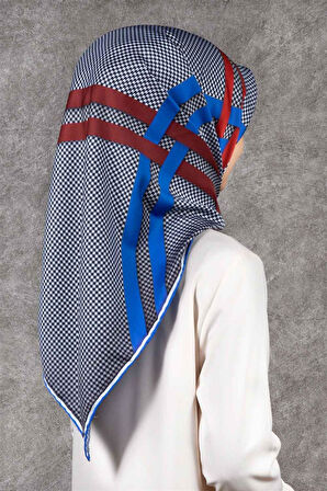 Twill Çizgili Pötikareli Çizgili Desenli Saks Mavisi - Kırmızı Renkli 90x90 Eşarp (İpek İçermez)