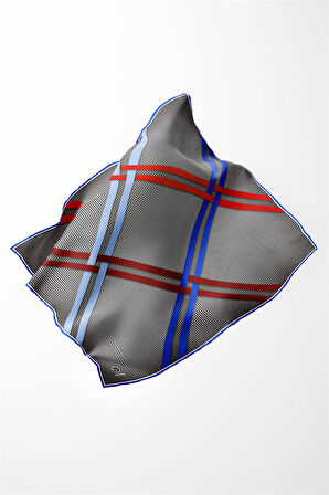 Twill Çizgili Pötikareli Çizgili Desenli Saks Mavisi - Kırmızı Renkli 90x90 Eşarp (İpek İçermez)