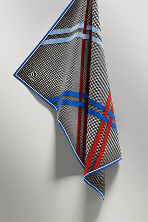 Twill Çizgili Pötikareli Çizgili Desenli Saks Mavisi - Kırmızı Renkli 90x90 Eşarp (İpek İçermez)