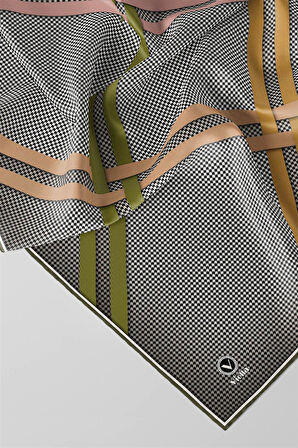 Twill Çizgili Pötikareli Çizgili Desenli Haki Yeşili - Fıstık Yeşili Renkli 90x90 Eşarp (İpek İçermez)