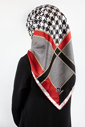 Twill Kazayağı Desenli Kırmızı Renkli 90x90 Eşarp (İpek İçermez) Kenar Dikiş Şekli El Dikişli