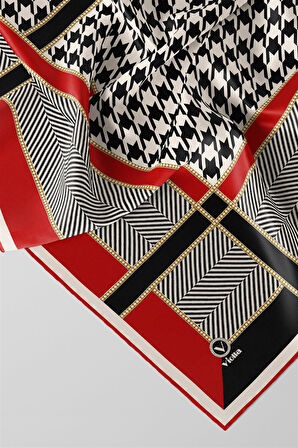 Twill Kazayağı Desenli Kırmızı Renkli 90x90 Eşarp (İpek İçermez) Kenar Dikiş Şekli El Dikişli