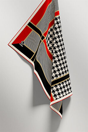 Twill Kazayağı Desenli Kırmızı Renkli 90x90 Eşarp (İpek İçermez) Kenar Dikiş Şekli El Dikişli