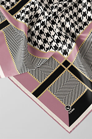 Twill Kazayağı Desenli Pembe Renkli 90x90 Eşarp (İpek İçermez) Kenar Dikiş Şekli El Dikişli