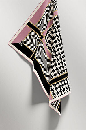 Twill Kazayağı Desenli Pembe Renkli 90x90 Eşarp (İpek İçermez) Kenar Dikiş Şekli El Dikişli