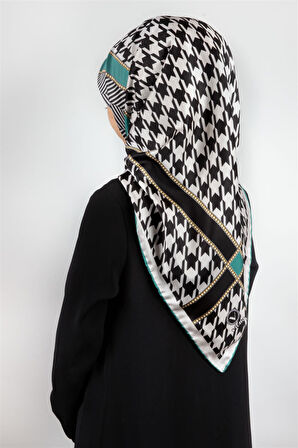 Twill Kazayağı Desenli Koyu Mint Yeşili Renkli 90x90 Eşarp (İpek İçermez) Kenar Dikiş Şekli El Dikişli