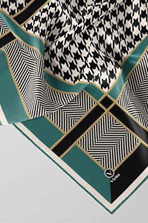 Twill Kazayağı Desenli Koyu Mint Yeşili Renkli 90x90 Eşarp (İpek İçermez) Kenar Dikiş Şekli El Dikişli