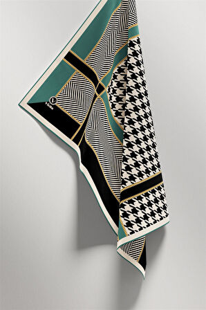 Twill Kazayağı Desenli Koyu Mint Yeşili Renkli 90x90 Eşarp (İpek İçermez) Kenar Dikiş Şekli El Dikişli