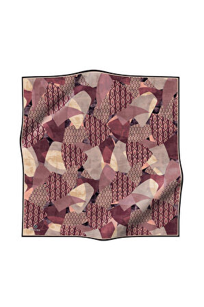 %100 Twill İpek Geometrik Desenli Pudra - Gül Kurusu Renkli 90x90 Eşarp Eşarp Kenar Dikiş Şekli El Dikişli