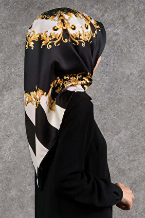 Twill Çizgili Barok Desenli Siyah - Krem Renkli 90x90 Eşarp (İpek İçermez)