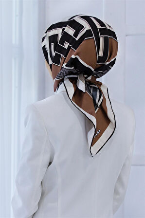 Twill Çizgili Sonsuzluk Düğümü Desenli Bej Renkli 90x90 Eşarp (İpek İçermez)