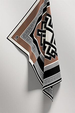 Twill Çizgili Sonsuzluk Düğümü Desenli Bej Renkli 90x90 Eşarp (İpek İçermez)