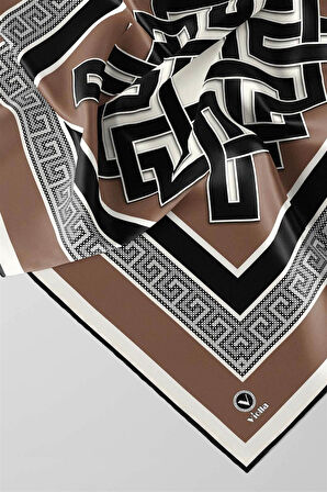 Twill Çizgili Sonsuzluk Düğümü Desenli Bej Renkli 90x90 Eşarp (İpek İçermez)