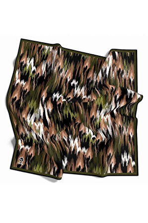 Twill Fırça Desenli Haki Renkli 90x90 Eşarp (İpek İçermez) Kenar Dikiş Şekli El Dikişli