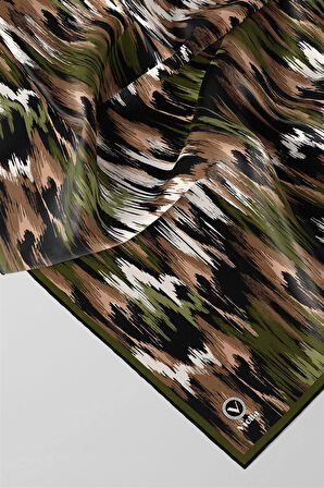 Twill Fırça Desenli Haki Renkli 90x90 Eşarp (İpek İçermez) Kenar Dikiş Şekli El Dikişli