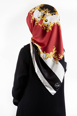 Twill Çizgili Barok Desenli Kırmızı Renkli 90x90 Eşarp (İpek İçermez)