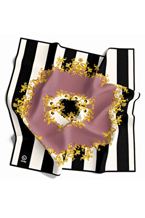 Twill Çizgili Barok Desenli Pudra Renkli 90x90 Eşarp (İpek İçermez)