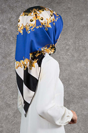 Twill Çizgili Barok Desenli İndigo - Siyah Renkli 90x90 Eşarp (İpek İçermez)