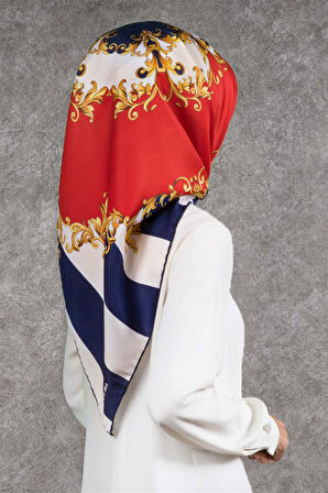 Twill Çizgili Barok Desenli Lacivert - Kırmızı Renkli 90x90 Eşarp (İpek İçermez)