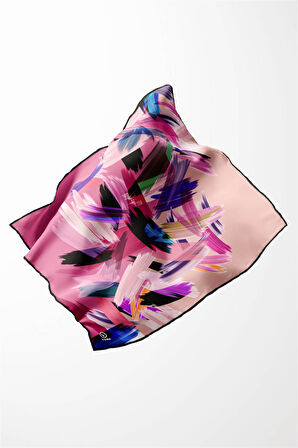 Twill Fırça Desenli Pembe Renkli 90x90 Eşarp (İpek İçermez) Kenar Dikiş Şekli El Dikişli