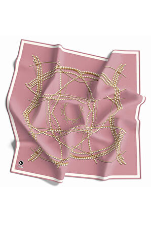 Twill Boncuk Desenli Pudra Renkli 90x90 Eşarp (İpek İçermez) Kenar Dikiş Şekli El Dikişli