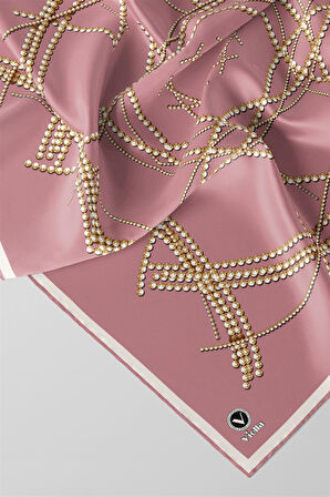 Twill Boncuk Desenli Pudra Renkli 90x90 Eşarp (İpek İçermez) Kenar Dikiş Şekli El Dikişli