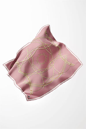 Twill Boncuk Desenli Pudra Renkli 90x90 Eşarp (İpek İçermez) Kenar Dikiş Şekli El Dikişli