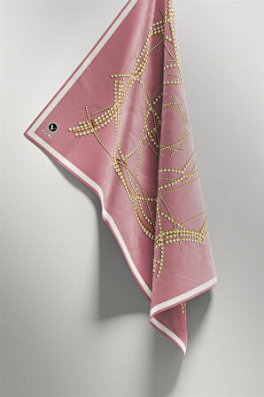Twill Boncuk Desenli Pudra Renkli 90x90 Eşarp (İpek İçermez) Kenar Dikiş Şekli El Dikişli