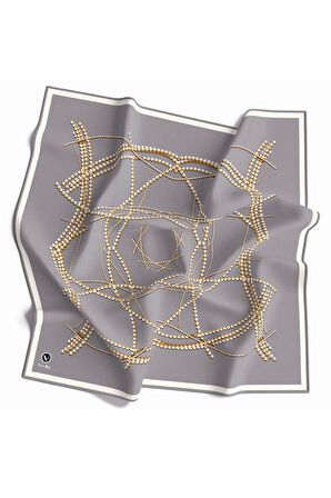 Twill Boncuk Desenli Gri Renkli 90x90 Eşarp (İpek İçermez) Kenar Dikiş Şekli El Dikişli