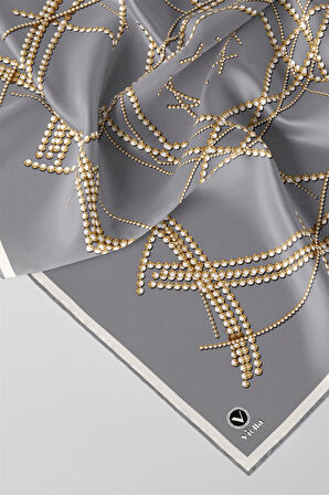 Twill Boncuk Desenli Gri Renkli 90x90 Eşarp (İpek İçermez) Kenar Dikiş Şekli El Dikişli