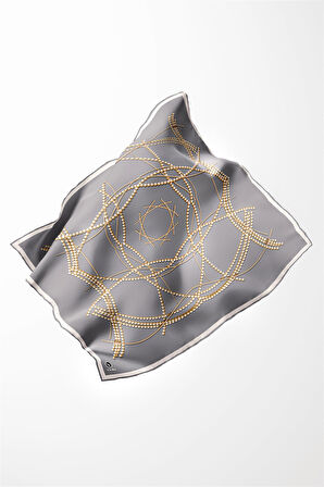 Twill Boncuk Desenli Gri Renkli 90x90 Eşarp (İpek İçermez) Kenar Dikiş Şekli El Dikişli