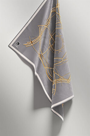Twill Boncuk Desenli Gri Renkli 90x90 Eşarp (İpek İçermez) Kenar Dikiş Şekli El Dikişli