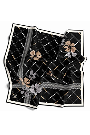 Twill Papatya Desenli Siyah Renkli 90x90 Eşarp (İpek İçermez) Kenar Dikiş Şekli El Dikişli