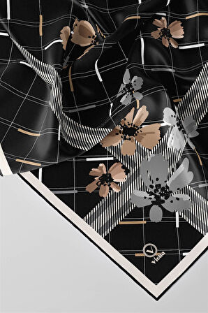 Twill Papatya Desenli Siyah Renkli 90x90 Eşarp (İpek İçermez) Kenar Dikiş Şekli El Dikişli