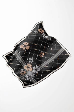 Twill Papatya Desenli Siyah Renkli 90x90 Eşarp (İpek İçermez) Kenar Dikiş Şekli El Dikişli