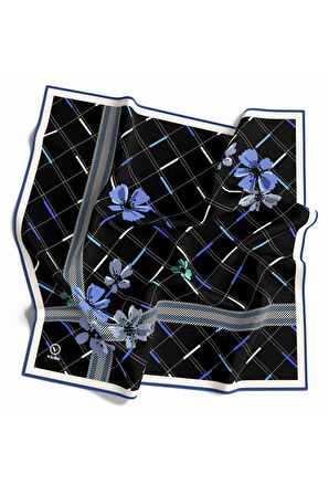 Twill Papatya Desenli Saks Renkli 90x90 Eşarp (İpek İçermez) Kenar Dikiş Şekli El Dikişli