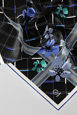 Twill Papatya Desenli Saks Renkli 90x90 Eşarp (İpek İçermez) Kenar Dikiş Şekli El Dikişli