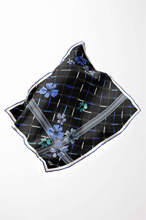 Twill Papatya Desenli Saks Renkli 90x90 Eşarp (İpek İçermez) Kenar Dikiş Şekli El Dikişli