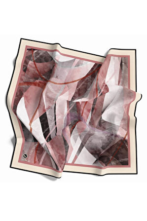 Twill Geometrik Desenli Pudra Renkli 90x90 Eşarp (İpek İçermez) Kenar Dikiş Şekli El Dikişli