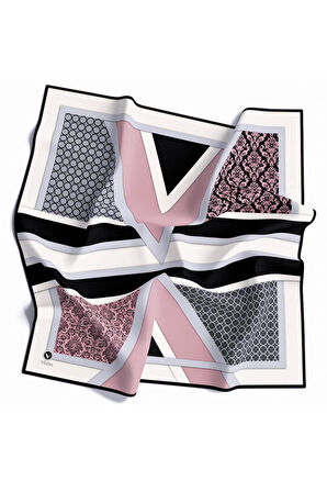 Twill Geometrik Barok Desenli Pudra - Gri Renkli 90x90 Eşarp (İpek İçermez) Kenar Dikiş Şekli El Dikişli