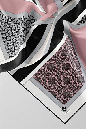 Twill Geometrik Barok Desenli Pudra - Gri Renkli 90x90 Eşarp (İpek İçermez) Kenar Dikiş Şekli El Dikişli