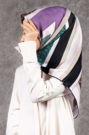 Twill Geometrik Barok Desenli Lila - Su Yeşili  Renkli 90x90 Eşarp (İpek İçermez) Kenar Dikiş Şekli El Dikişli