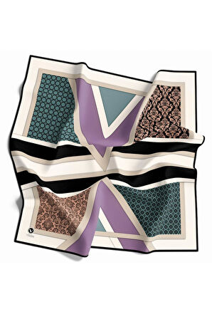 Twill Geometrik Barok Desenli Lila - Su Yeşili  Renkli 90x90 Eşarp (İpek İçermez) Kenar Dikiş Şekli El Dikişli
