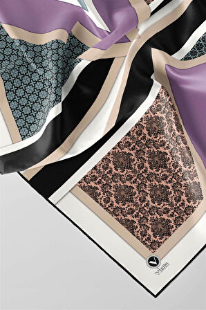Twill Geometrik Barok Desenli Lila - Su Yeşili  Renkli 90x90 Eşarp (İpek İçermez) Kenar Dikiş Şekli El Dikişli