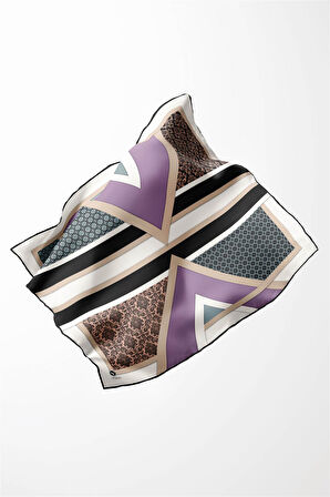 Twill Geometrik Barok Desenli Lila - Su Yeşili  Renkli 90x90 Eşarp (İpek İçermez) Kenar Dikiş Şekli El Dikişli