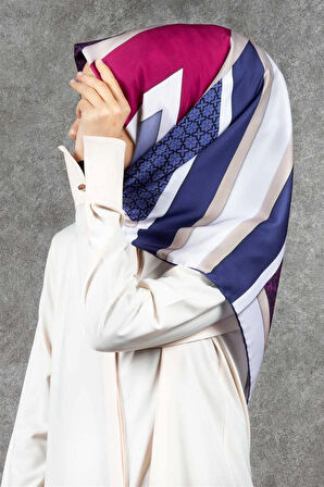 Twill Geometrik Barok Desenli Mürdüm - Lacivert Renkli 90x90 Eşarp (İpek İçermez) Kenar Dikiş Şekli El Dikişli