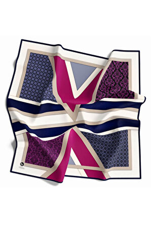 Twill Geometrik Barok Desenli Mürdüm - Lacivert Renkli 90x90 Eşarp (İpek İçermez) Kenar Dikiş Şekli El Dikişli